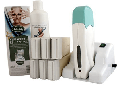 Kit d'épilation modulaire complet à la cire jetable Blanche, avec roulette grand modèle pour les jambes, aisselles, et le corps.