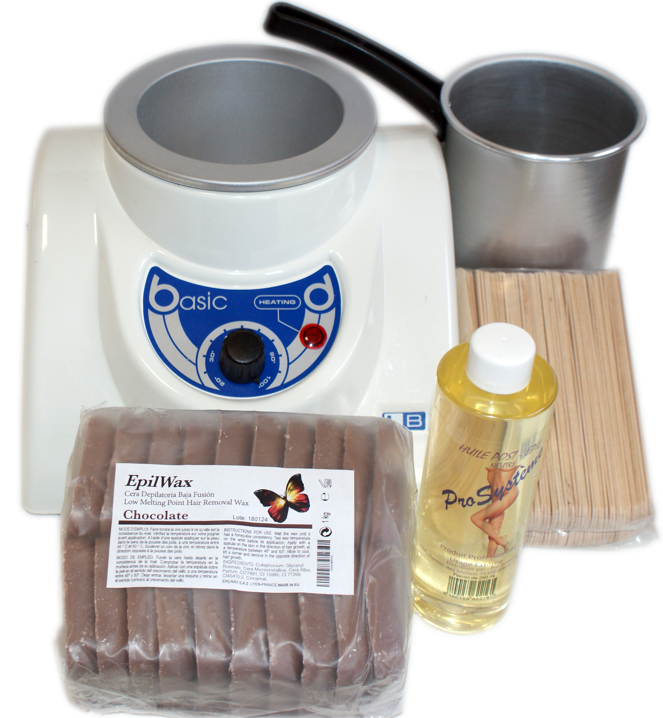 Kit d'épilation complet à la cire chaude au chocolat cuve cassolette huile